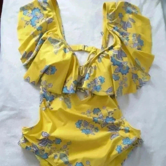 SAM EDELMAN Ruffle Front Swimsuit in Yellow Floral S - Picture 4 of 15